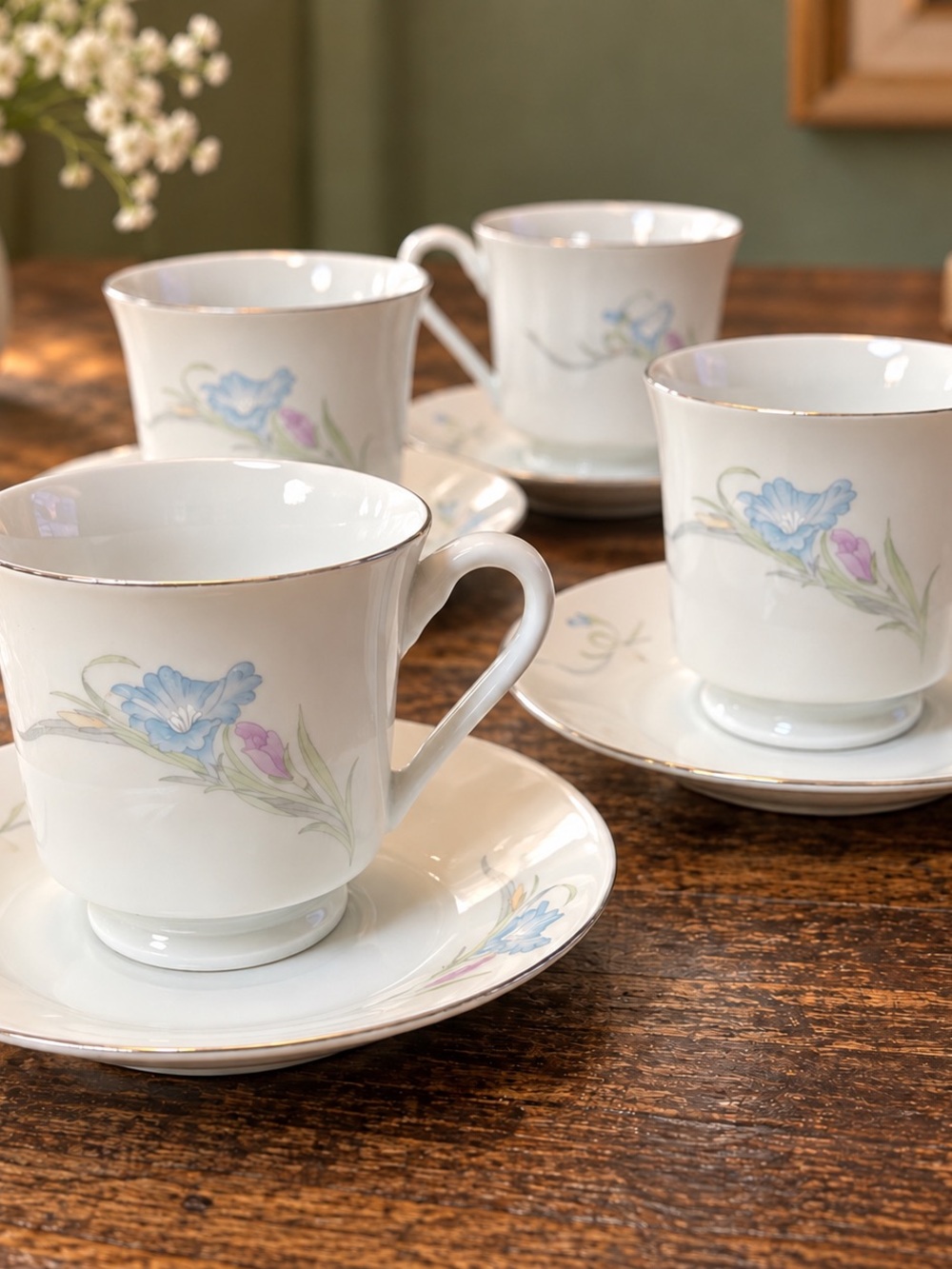 Vintage Floral Tea Cups & Saucers Set of 4 – Blue Lavender Flowers Made in China
